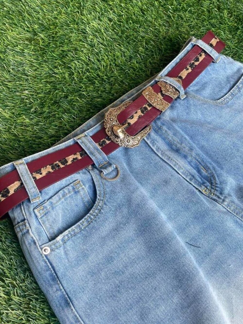 Western Burgundy Faux Leather Leopard Inlay Belt